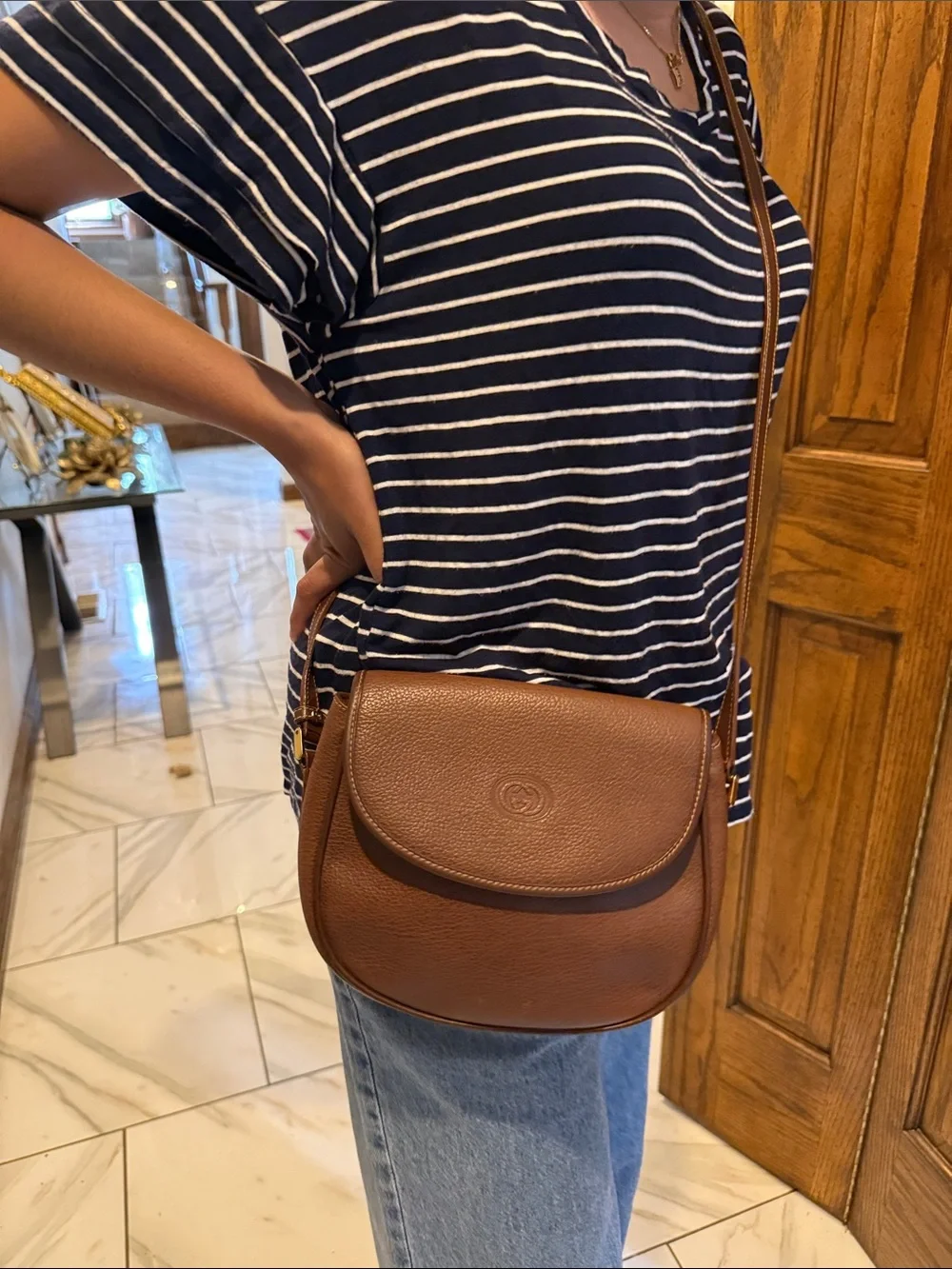 Gucci Brown Pebbled Leather Saddle Crossbody Bag - Picture 7 of 16